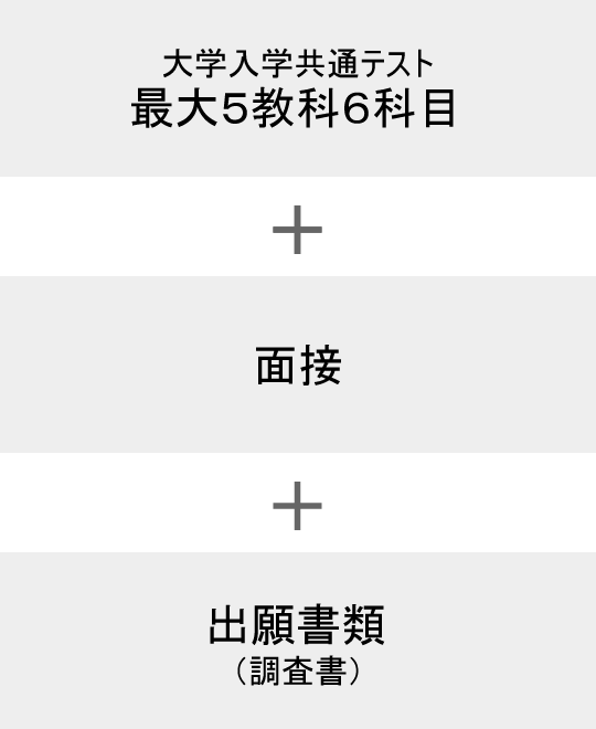 大学入学共通テスト 5教科6科目 + 個別学力試験 小論文 + 出願書類（調査書）