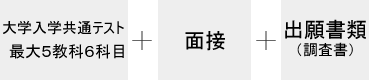 大学入学共通テスト 5教科6科目 + 個別学力試験 小論文 + 出願書類（調査書）