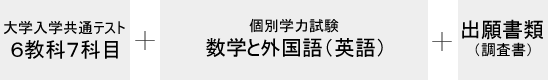 大学入学共通テスト 6教科7科目 + 個別学力試験 数学と外国語（英語） + 出願書類（調査書）