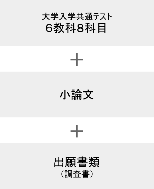 大学入学共通テスト 6教科8科目 + 小論文 + 出願書類（調査書）