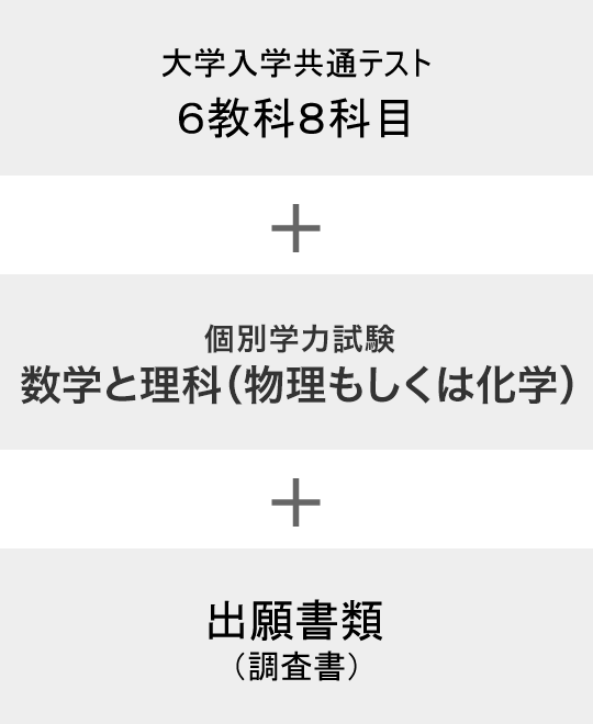 大学入学共通テスト 6教科8科目 + 個別学力試験 数学と理科（物理もしくは化学） + 出願書類（調査書）