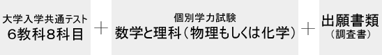 大学入学共通テスト 教科8科目 + 個別学力試験 数学と理科（物理もしくは化学） + 出願書類（調査書）
