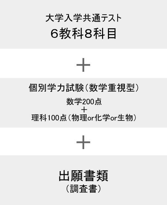 大学入学共通テスト 6教科8科目 + 個別学力試験（数学重視型）数学200点+理科100点 + 出願書類（調査書）