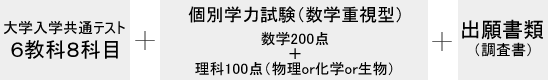 大学入学共通テスト 教科8科目 + 個別学力試験（数学重視型）数学200点+理科100点 + 出願書類（調査書）