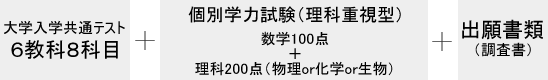 大学入学共通テスト 教科8科目 + 個別学力試験（理科重視型）数学100点+理科200点 + 出願書類（調査書）