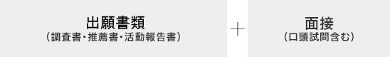 出願書類（調査書・推薦書・活動報告書） + 面接（口頭試問含む）